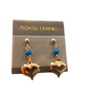 Gold and Blue Heart Drop Earrings